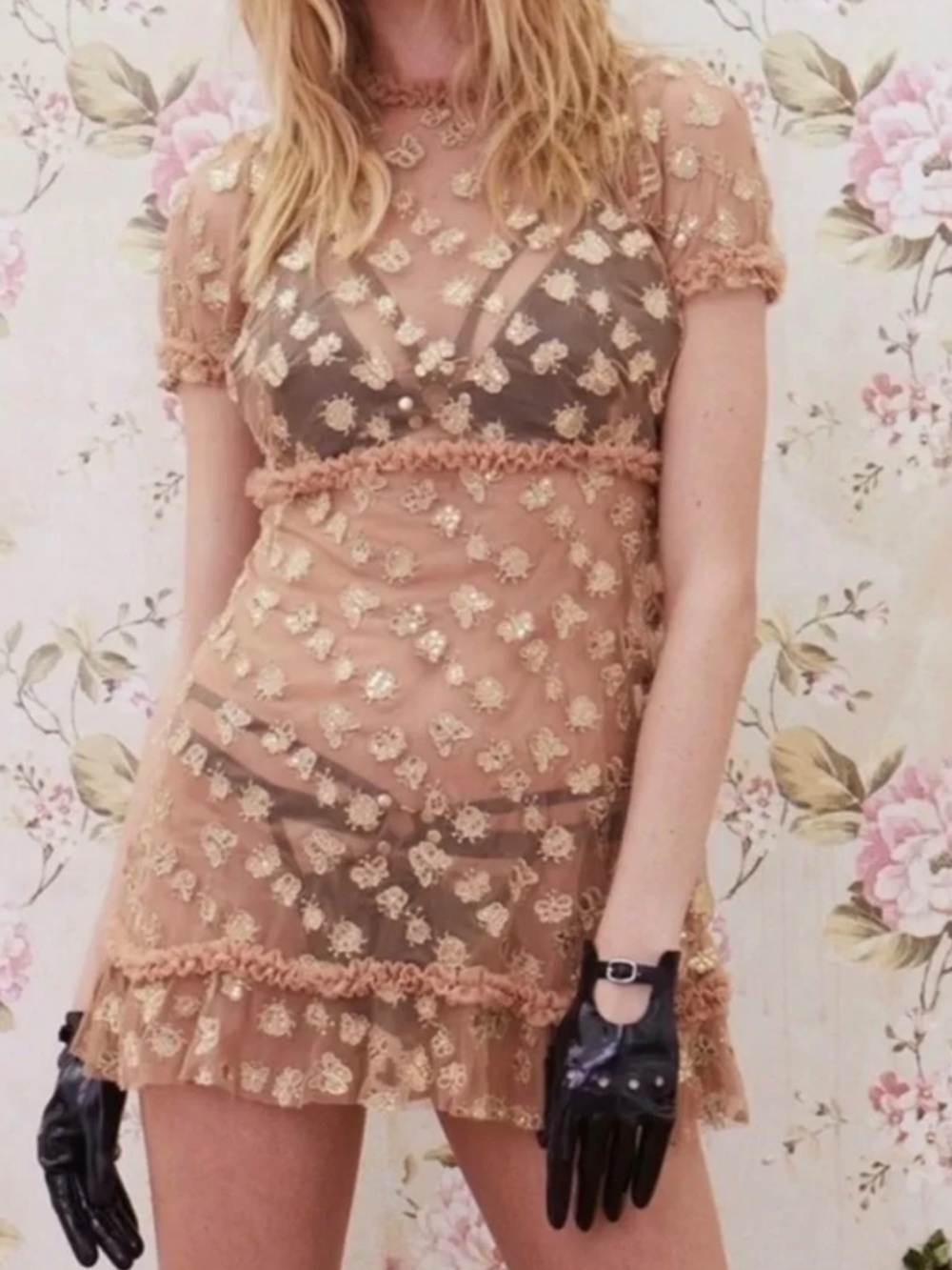For Love And Lemons Golden Garden Tulle Mini Dress